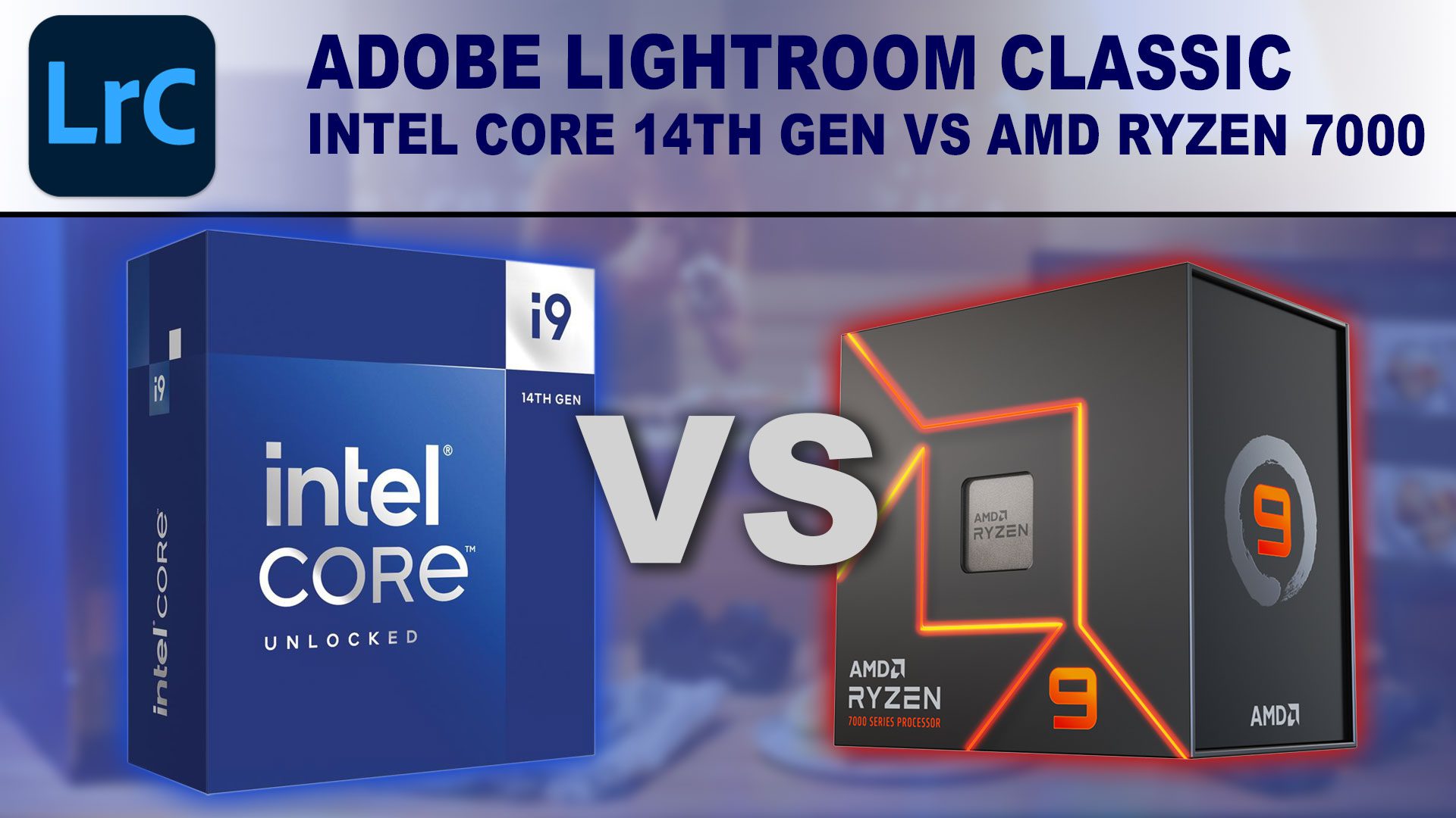 Decorative Image: Intel Core i9-14900K box and AMD Ryzen 9 7950X box on a blue background with the words