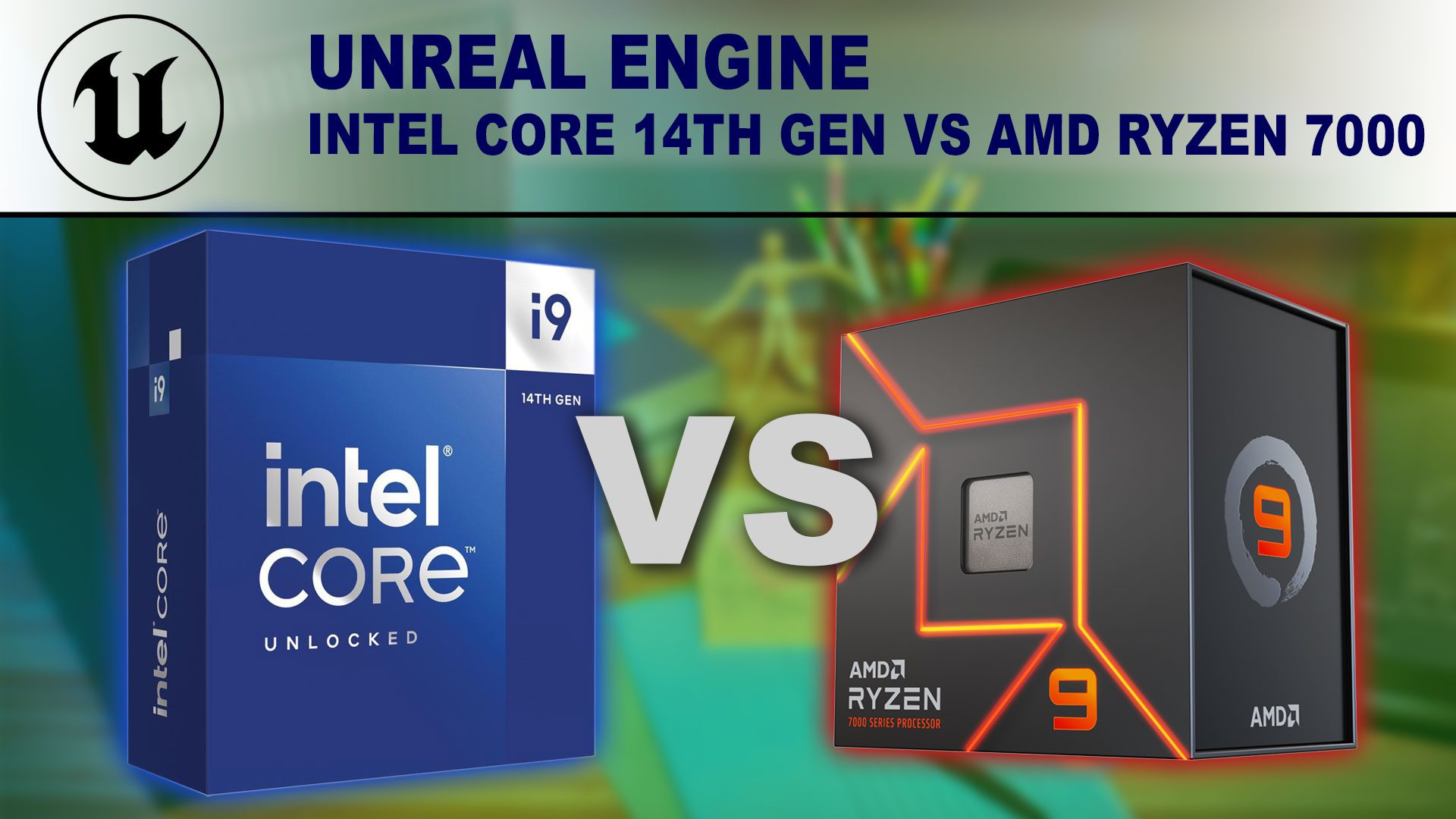 Decorative Image: Intel Core i9-14900K box and AMD Ryzen 9 7950X box on a green background with the words